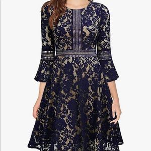Women's Vintage Full Lace Contrast Flare Sleeve Big Swing A-Line Dress - Navy